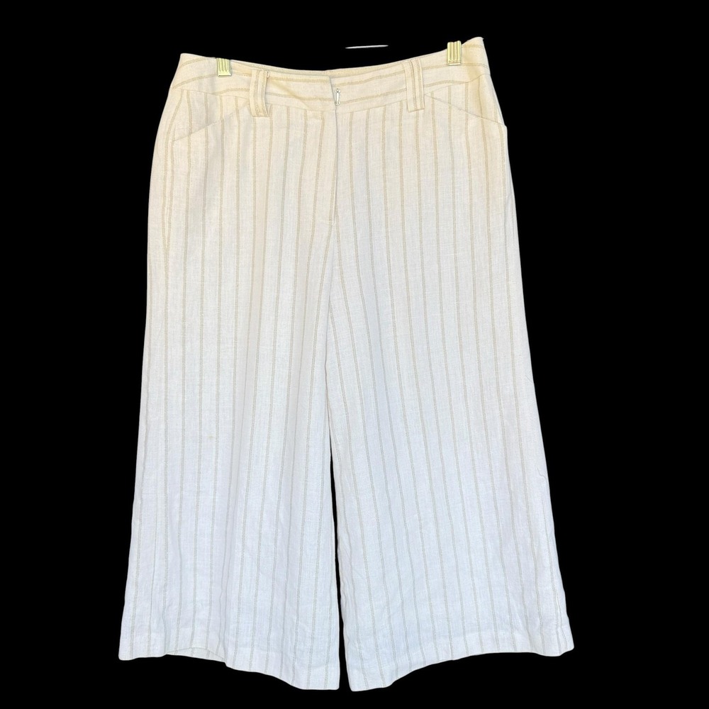 Larry Levine Pants Womens 8 White Stripe Linen Capri Wide Leg Lined Work Office